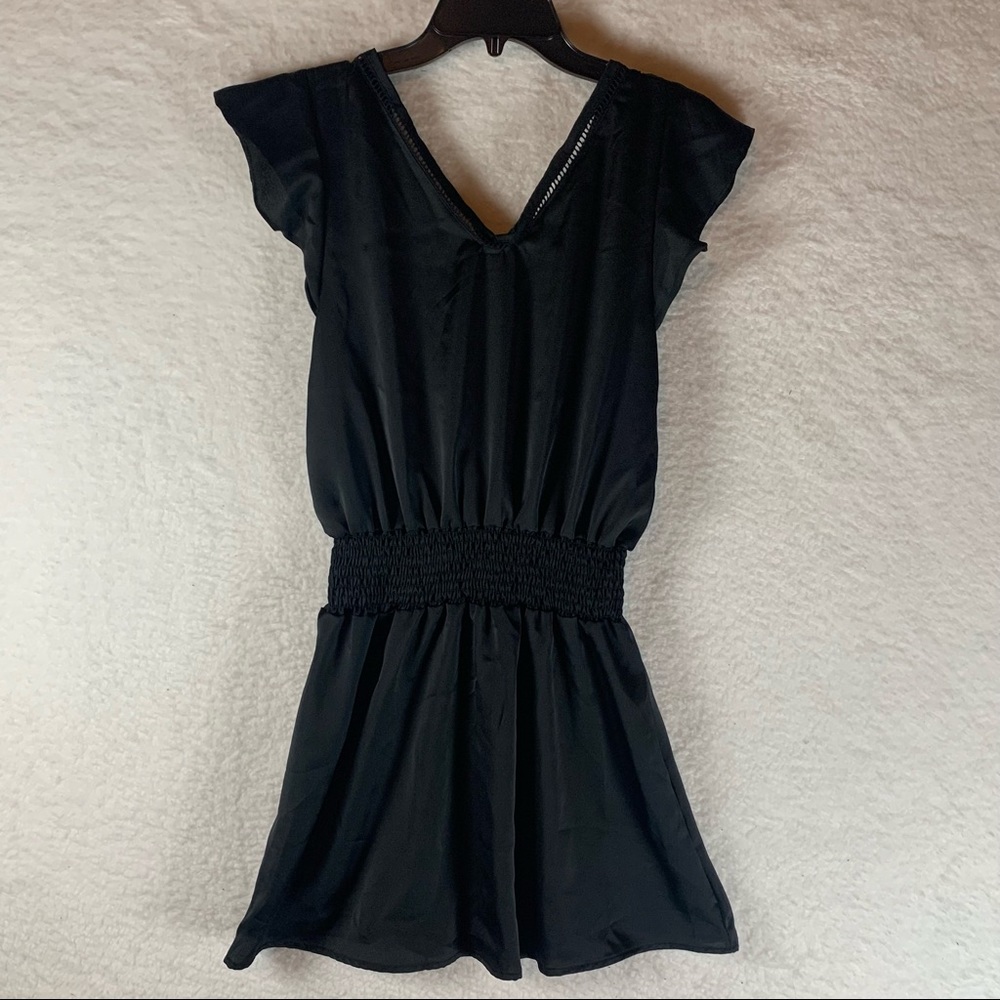 LUNA CHIX Women's Black Flutter Sleeve Double V-Neck Smocked Waist Mini Dress XS